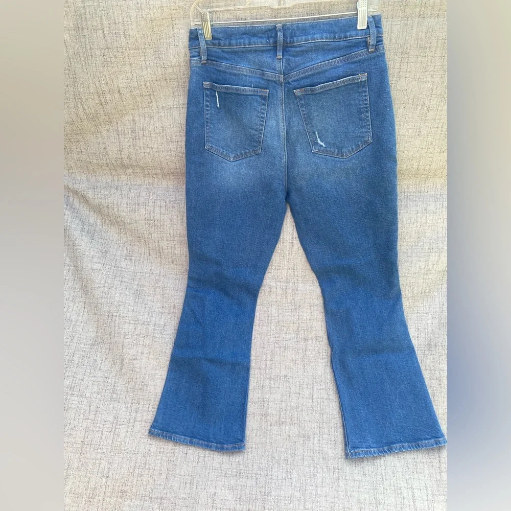 Destructed High Rise Kick Crop Jeans in Mid Wash Size 8